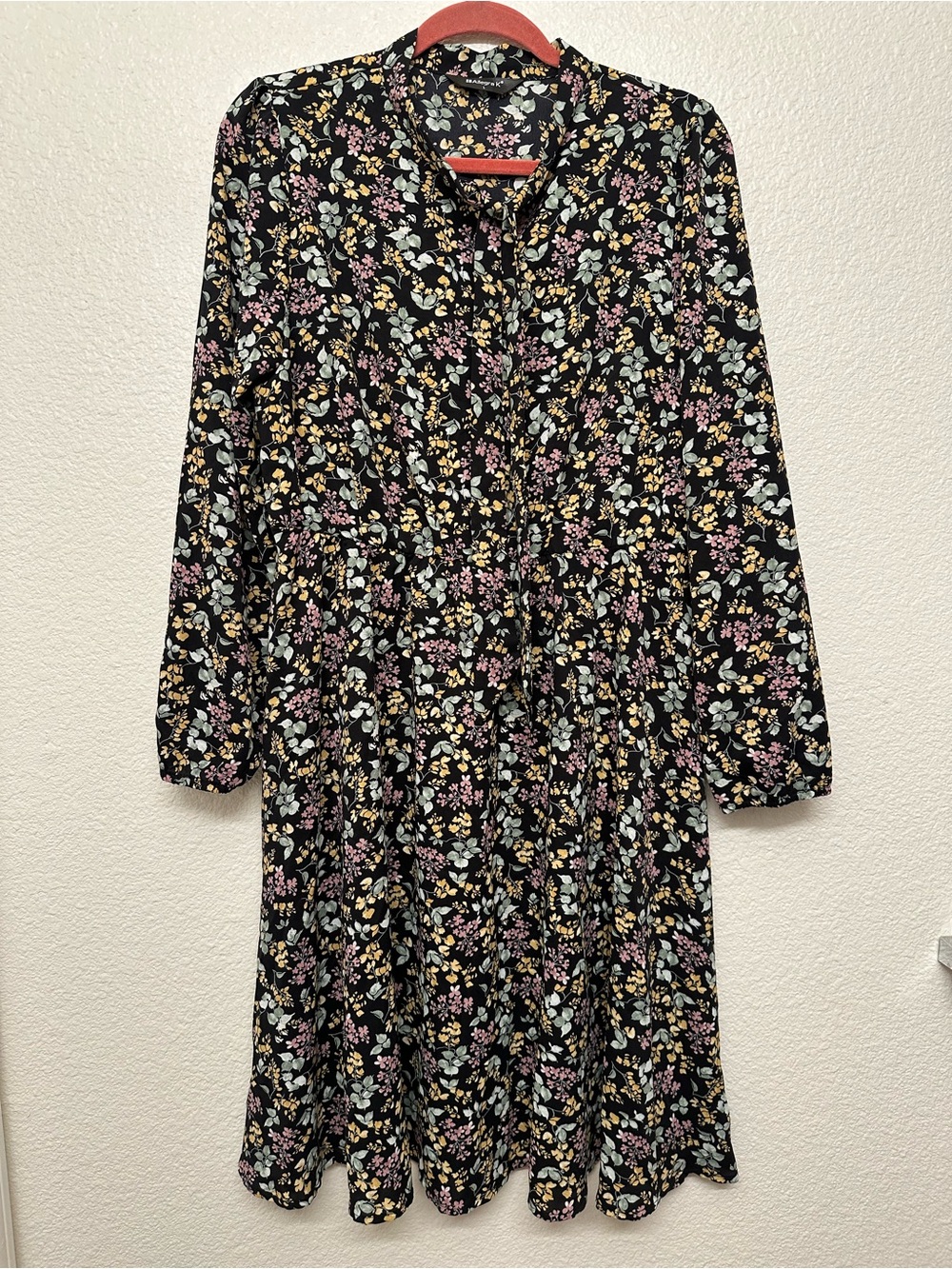 Allegra K Black Floral Long-Sleeve Midi Dress